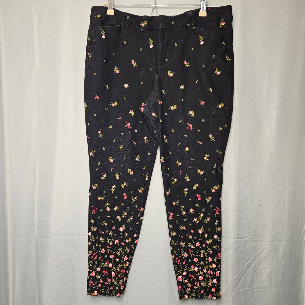 Old Navy Pixie Pants Womens 16 Black Pink Rose Floral Mid Rise Ankle S/120007-45